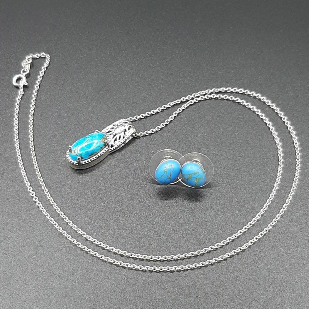 Mojave Blue Turquoise earrings and Chestnut Brine Turquoise pendant set Sterling